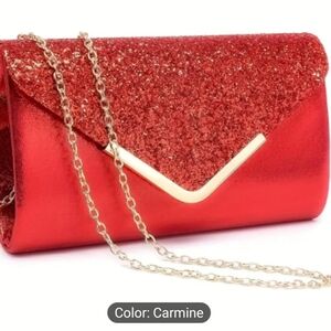 Women's Red Glittery Evening Bag/Clutch with Detachable Chain Strap, …